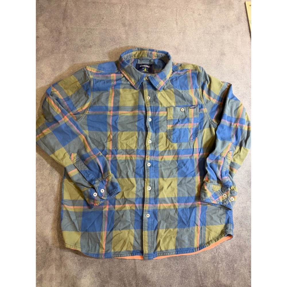 Chubbies Mens Large Flannel Shirt Blue Green Plaid Long Sleeve Button Downn